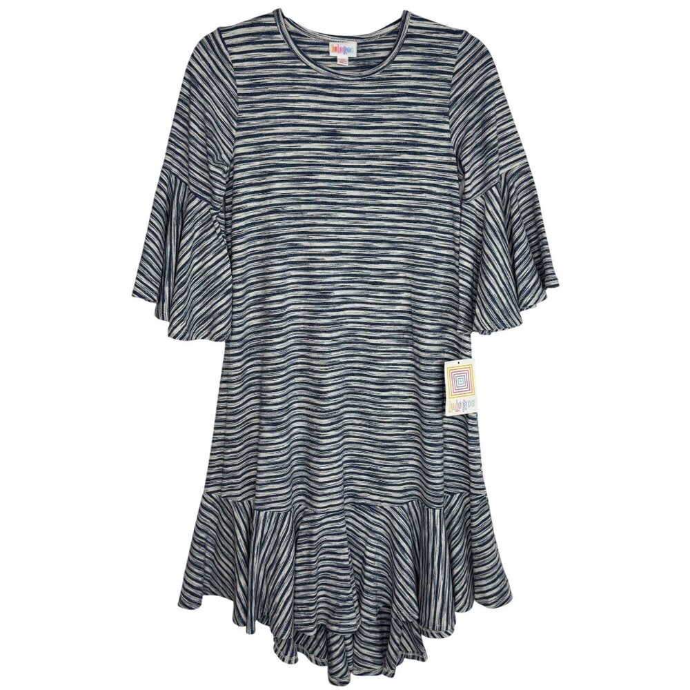 NWT Lularoe Maurine Blue Striped Ruffled Swing Dress Bell Sleeves Sz XS Oversize
